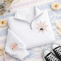 Spooky Spider Web Embroidered Quarter Zip Sweatshirt, Spooky Season Pullover Sweater, Halloween Party Layering Top, Halloween Gift for Her