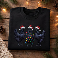 Gothic Christmas Chicken Sweatshirt, Funny Black Hen Holiday Crewneck, Santa Hat Chicken Lights Print, Animal Lover Gift, Christmas Gift