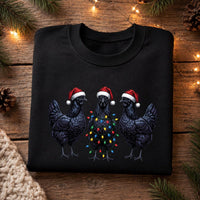 Gothic Christmas Chicken Sweatshirt, Funny Black Hen Holiday Crewneck, Santa Hat Chicken Lights Print, Animal Lover Gift, Christmas Gift