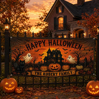 Personalized Halloween Vinyl Banner Sign, Custom Family Name Ghost Pumpkin Decor, Waterproof Outdoor Holiday Sign, Halloween Party Banner