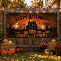 Personalized Halloween Vinyl Banner Sign, Custom Family Name Ghost Pumpkin Decor, Waterproof Outdoor Holiday Sign, Halloween Party Banner