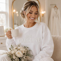 Personalized Mrs Puff Print Shirt, Bride Name Sweatshirt, Wedding Date Sleeve, Custom Puff Sweatshirt, Anniversary Custom Gift for Her