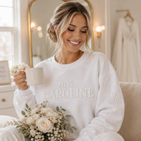 Personalized Mrs Puff Print Shirt, Bride Name Sweatshirt, Wedding Date Sleeve, Custom Puff Sweatshirt, Anniversary Custom Gift for Her