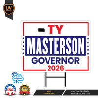 Ty Masterson For Kansas Governor 2026 Yard Sign, Corrugated Plastic Governor Elections, Race Red White & Blue Yard Sign with Metal H-Stake