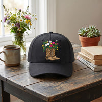 Cowboy Boots and Flowers Embroidered Hat, Western Floral Cowgirl Cap, Soft Chino Twill Cap, Western Country Cowgirl Gift, Gift for Her