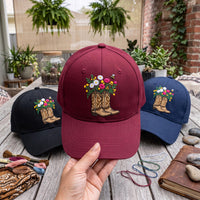Cowboy Boots and Flowers Embroidered Hat, Western Floral Cowgirl Cap, Soft Chino Twill Cap, Western Country Cowgirl Gift, Gift for Her