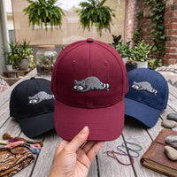 Sleeping Raccoon Embroidered Hat, Cute Woodland Wildlife Baseball Cap, Animal Lover Cap, Funny Raccoon Gift for Women, Pet Lover Gift