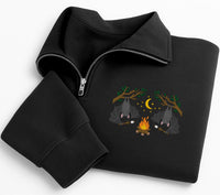 Bat Campfire Embroidered Quarter Zip Sweatshirt, Spooky Camping Pullover Sweater, Halloween Party Layer for Campers, Halloween Gift