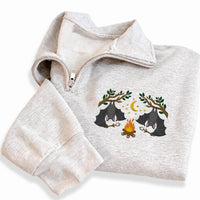 Bat Campfire Embroidered Quarter Zip Sweatshirt, Spooky Camping Pullover Sweater, Halloween Party Layer for Campers, Halloween Gift