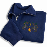 Bat Campfire Embroidered Quarter Zip Sweatshirt, Spooky Camping Pullover Sweater, Halloween Party Layer for Campers, Halloween Gift