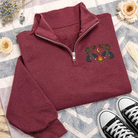 Bat Campfire Embroidered Quarter Zip Sweatshirt, Spooky Camping Pullover Sweater, Halloween Party Layer for Campers, Halloween Gift