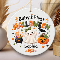 Personalized Baby's First Halloween Ceramic Ornament, Custom Baby Keepsake Ornament, Ghost Pumpkin Halloween Design, New Parent Gift
