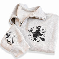 Halloween Witches Embroidered Quarter Zip Sweatshirt, Gothic Fall Witch Pullover Sweater, Halloween Party Layer, Spooky Halloween Gift