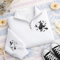 Halloween Witches Embroidered Quarter Zip Sweatshirt, Gothic Fall Witch Pullover Sweater, Halloween Party Layer, Spooky Halloween Gift