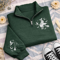 Halloween Witches Embroidered Quarter Zip Sweatshirt, Gothic Fall Witch Pullover Sweater, Halloween Party Layer, Spooky Halloween Gift
