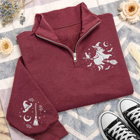Halloween Witches Embroidered Quarter Zip Sweatshirt, Gothic Fall Witch Pullover Sweater, Halloween Party Layer, Spooky Halloween Gift