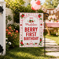 Personalized Berry First Birthday Garden Flag, 12x18 Double Sided Outdoor Decor, Floral Garden Flag, Strawberry Party Decor, Family Gift