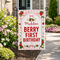 Personalized Berry First Birthday Garden Flag, 12x18 Double Sided Outdoor Decor, Floral Garden Flag, Strawberry Party Decor, Family Gift