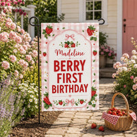 Personalized Berry First Birthday Garden Flag, 12x18 Double Sided Outdoor Decor, Floral Garden Flag, Strawberry Party Decor, Family Gift