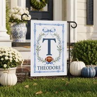 Personalized Football Garden Flag, 12x18 Double Sided Porch Decor, Game Day Yard Flag, Blue Chinoiserie Bamboo Frame, Football Fan Gift