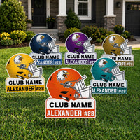 Personalized Football Helmet Yard Sign 24" x 24", Custom Name, Number, Logo Colors Outdoor Football Helmet Yard Signs with Metal Stakes