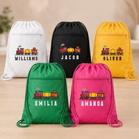 Personalized Train Drawstring Backpack, Custom Name School Cinch Bag, Kids Gym Gear Bag, Student Personalized Bag, Back to School Gift