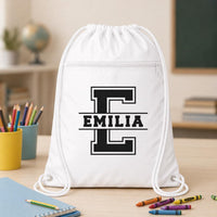 Personalized School Drawstring Backpack, Custom Name Initial Cinch Bag, Kids Gym Backpack, Student Personalized Bag, Back to School Gift