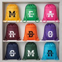 Personalized School Drawstring Backpack, Custom Name Initial Cinch Bag, Kids Gym Backpack, Student Personalized Bag, Back to School Gift