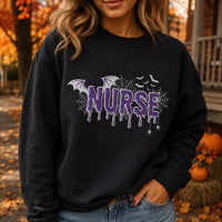 Halloween Nurse Embroidered Sweatshirt, Spooky Medical Hoodie, Gothic Bat Spider Web Design, Cozy RN Hoodie, Nurse Appreciation Gift