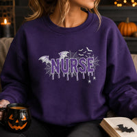 Halloween Nurse Embroidered Sweatshirt, Spooky Medical Hoodie, Gothic Bat Spider Web Design, Cozy RN Hoodie, Nurse Appreciation Gift