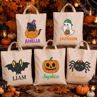 Personalized Halloween Canvas Tote Bag, Custom Name Trick or Treat Bag, Kids Candy Bag, Reusable Cotton Tote, Happy Halloween Gift