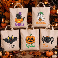 Personalized Halloween Canvas Tote Bag, Custom Name Trick or Treat Bag, Kids Candy Bag, Reusable Cotton Tote, Happy Halloween Gift
