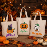 Personalized Halloween Canvas Tote Bag, Custom Name Trick or Treat Bag, Kids Candy Bag, Reusable Cotton Tote, Happy Halloween Gift
