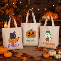 Personalized Halloween Canvas Tote Bag, Custom Name Trick or Treat Bag, Kids Candy Bag, Reusable Cotton Tote, Happy Halloween Gift