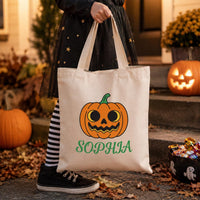 Personalized Halloween Canvas Tote Bag, Custom Name Trick or Treat Bag, Kids Candy Bag, Reusable Cotton Tote, Happy Halloween Gift