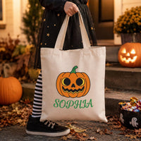 Personalized Halloween Canvas Tote Bag, Custom Name Trick or Treat Bag, Kids Candy Bag, Reusable Cotton Tote, Happy Halloween Gift