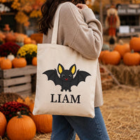 Personalized Halloween Canvas Tote Bag, Custom Name Trick or Treat Bag, Kids Candy Bag, Reusable Cotton Tote, Happy Halloween Gift