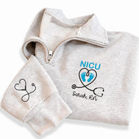 Personalized NICU Nurse Embroidered Quarter Zip Sweatshirt, Custom RN Name Sweater, Hospital Shift Pullover, Nurse Week Gift, Gift for RN