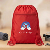 Personalized Rainbow Drawstring Backpack, Custom Name Cinch Bag, Kids School Gym Swim Sack, Student Personalized Bag, Back to School Gift