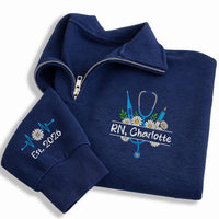 Personalized Nurse Embroidered Quarter Zip Sweatshirt, Custom RN Name Sweater, Hospital Shift Pullover, Scrub Layering Top, New Nurse Gift
