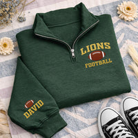 Personalized Mascot Embroidered Quarter Zip Sweatshirt, Custom Football Pullover, School Spirit Top, Player Name Sleeve, Custom Team Gift