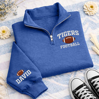 Personalized Mascot Embroidered Quarter Zip Sweatshirt, Custom Football Pullover, School Spirit Top, Player Name Sleeve, Custom Team Gift