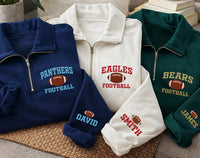 Personalized Mascot Embroidered Quarter Zip Sweatshirt, Custom Football Pullover, School Spirit Top, Player Name Sleeve, Custom Team Gift