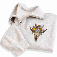 Floral Cow Skull Embroidered Quarter Zip Sweatshirt, Western Boho Longhorn Pullover, Cowgirl Ranch Layer for Fall, Western Gift for Her