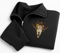 Floral Cow Skull Embroidered Quarter Zip Sweatshirt, Western Boho Longhorn Pullover, Cowgirl Ranch Layer for Fall, Western Gift for Her
