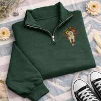 Floral Cow Skull Embroidered Quarter Zip Sweatshirt, Western Boho Longhorn Pullover, Cowgirl Ranch Layer for Fall, Western Gift for Her