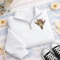 Floral Cow Skull Embroidered Quarter Zip Sweatshirt, Western Boho Longhorn Pullover, Cowgirl Ranch Layer for Fall, Western Gift for Her