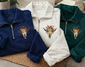 Floral Cow Skull Embroidered Quarter Zip Sweatshirt, Western Boho Longhorn Pullover, Cowgirl Ranch Layer for Fall, Western Gift for Her