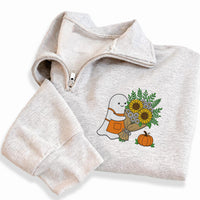 Floral Ghost Embroidered Quarter Zip Sweatshirt, Cute Cozy Ghost Pullover Sweater, Spooky Halloween Party Layer, Halloween Gift for Her
