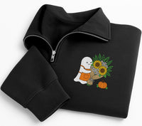 Floral Ghost Embroidered Quarter Zip Sweatshirt, Cute Cozy Ghost Pullover Sweater, Spooky Halloween Party Layer, Halloween Gift for Her